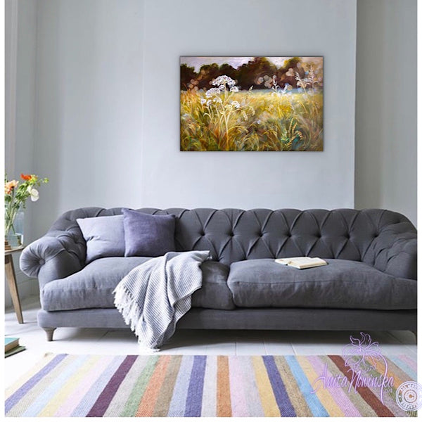 golden sunlit meadow with grasses & cowparsley, meadow painting by Anita Nowinska. Gold, ochre,green