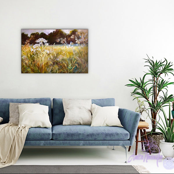 golden sunlit meadow with grasses & cowparsley, meadow painting by Anita Nowinska. Gold, ochre,green