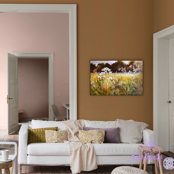 golden sunlit meadow with grasses & cowparsley, meadow painting by Anita Nowinska. Gold, ochre,green