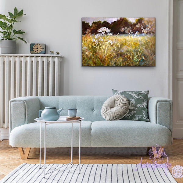 golden sunlit meadow with grasses & cowparsley, meadow painting by Anita Nowinska. Gold, ochre,green