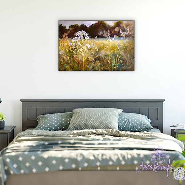 golden sunlit meadow with grasses & cowparsley, meadow painting by Anita Nowinska. Gold, ochre,green