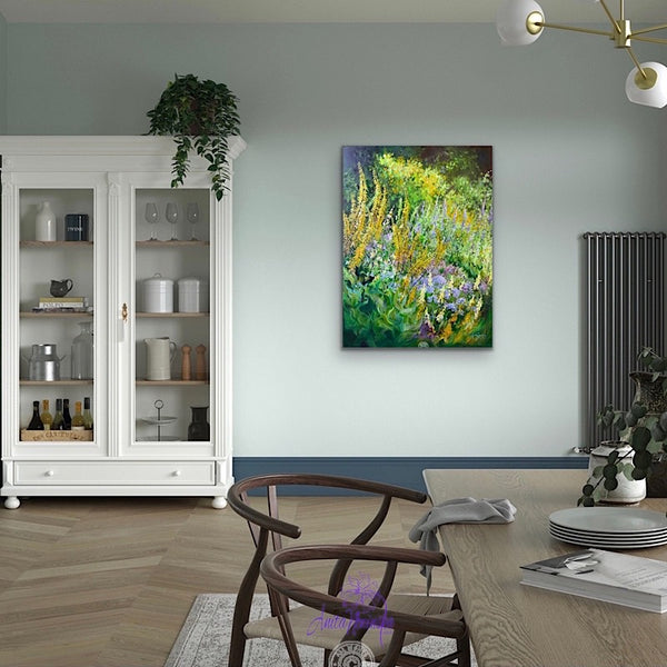 big flower painting  green & yellow garden border by anita nowinska