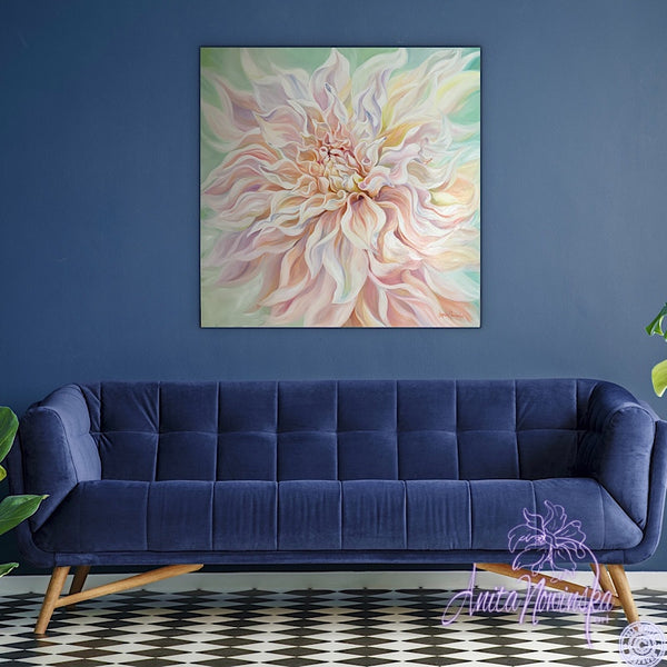 big pale pink, peach & green cafe au lait dahlia flower painting by anita nowinska