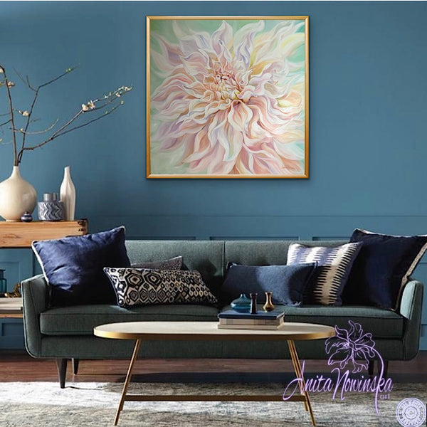 big pale pink, peach & green cafe au lait dahlia flower painting by anita nowinska