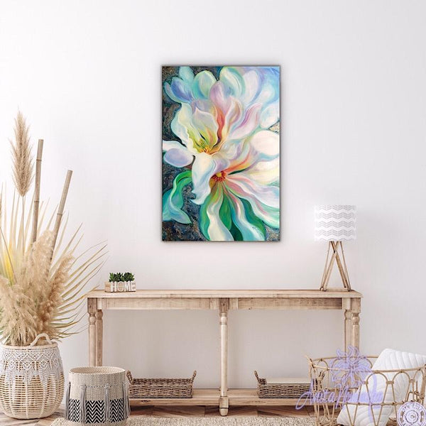 Magnolia Flower Painting in Oil on canvas in teal, white, pink, blue, wall decor