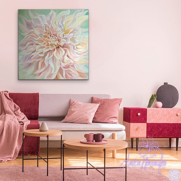 big pale pink, peach & green cafe au lait dahlia flower painting by anita nowinska