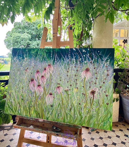 persistence- echinacea & petrovskia garden paintin pink lilac green by anita nowinska