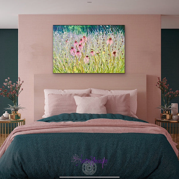 persistence- echinacea & petrovskia garden paintin pink lilac green by anita nowinska