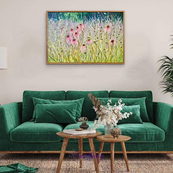 persistence- echinacea & petrovskia garden paintin pink lilac green by anita nowinska