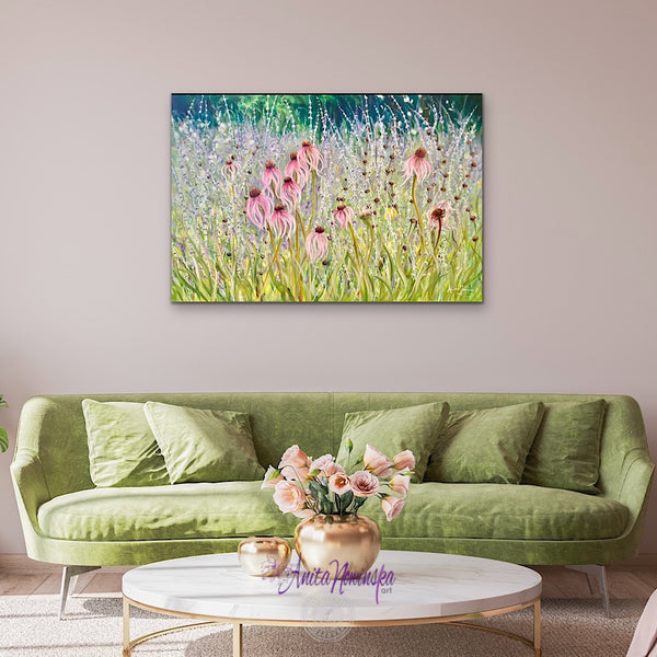 persistence- echinacea & petrovskia garden paintin pink lilac green by anita nowinska