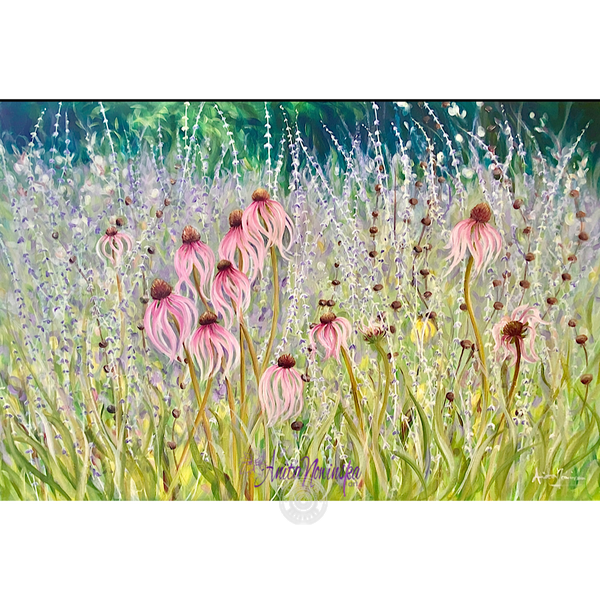persistence- echinacea & petrovskia garden paintin pink lilac green by anita nowinska