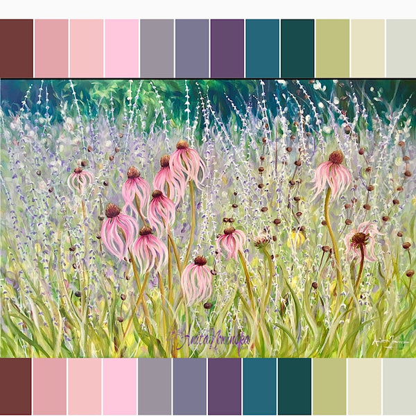 persistence- echinacea & petrovskia garden paintin pink lilac green by anita nowinska