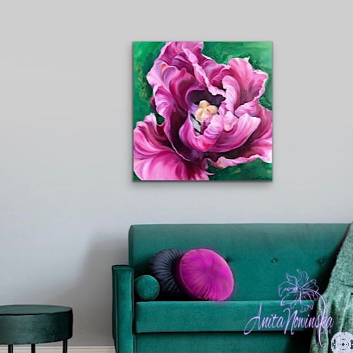 Diva- Pink cerise tulip flower painting on canvas by anita nowinska