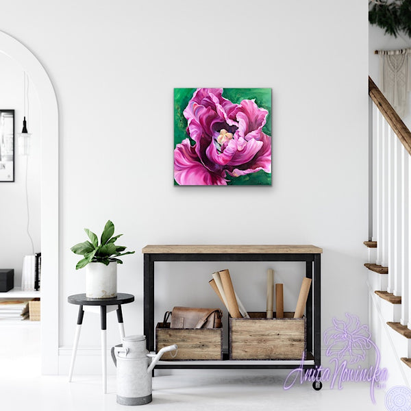Diva- Pink cerise tulip flower painting on canvas by anita nowinska