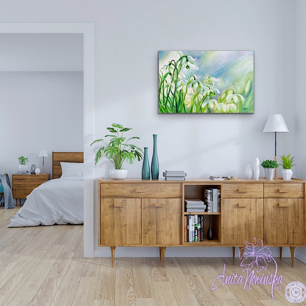 rebirth- spring snowdrops, big flower painting in blue & green by anita nowinska