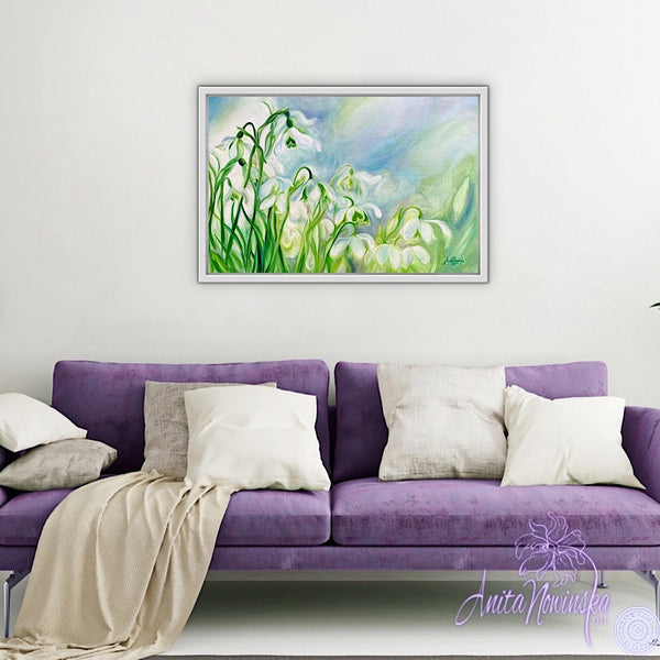 rebirth- spring snowdrops, big flower painting in blue & green by anita nowinska