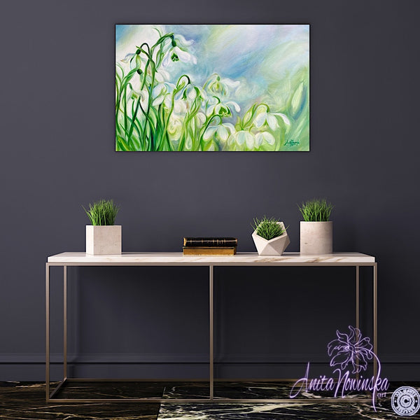 rebirth- spring snowdrops, big flower painting in blue & green by anita nowinska
