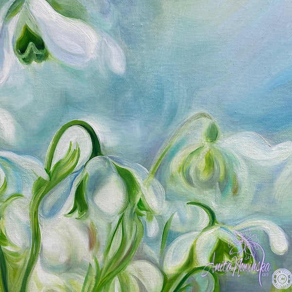 rebirth- spring snowdrops, big flower painting in blue & green by anita nowinska