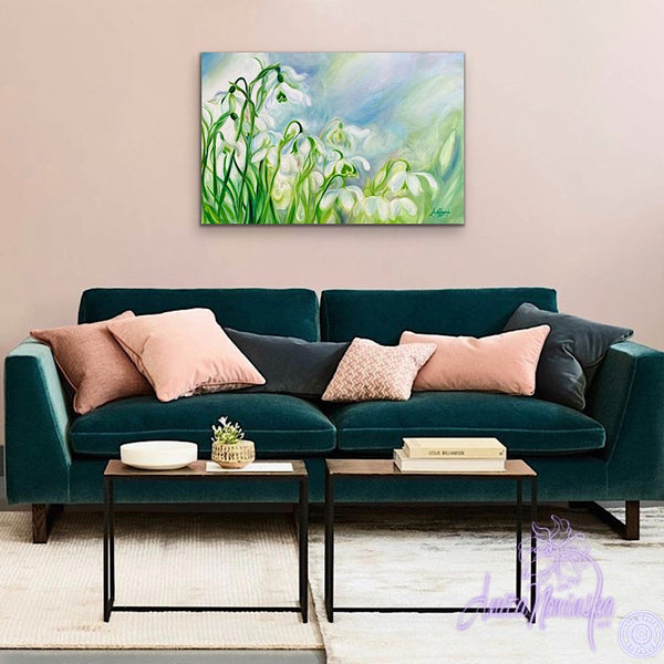 rebirth- spring snowdrops, big flower painting in blue & green by anita nowinska