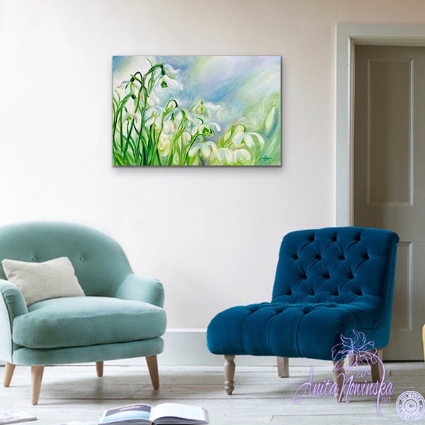 rebirth- spring snowdrops, big flower painting in blue & green by anita nowinska
