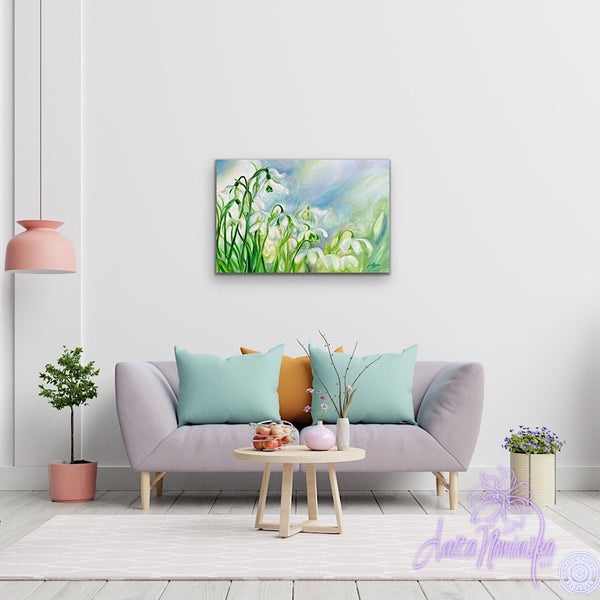 rebirth- spring snowdrops, big flower painting in blue & green by anita nowinska