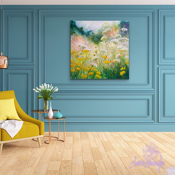 replenish- white, yellow, green garden meadow painting by anita nowinska