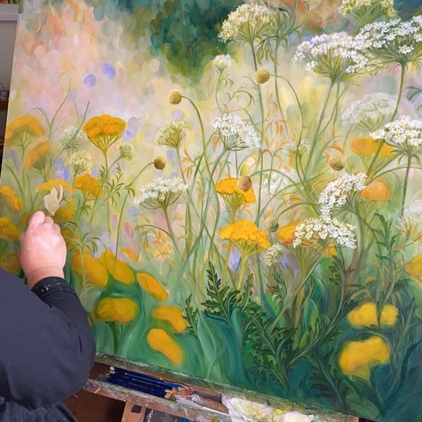 replenish- white, yellow, green garden meadow painting by anita nowinska