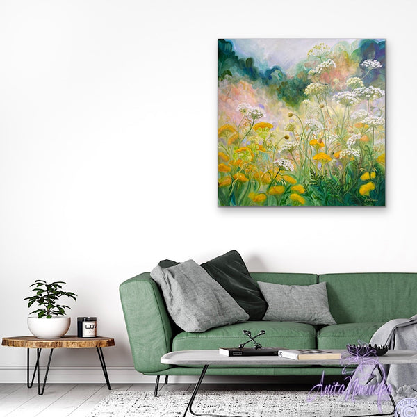 replenish- white, yellow, green garden meadow painting by anita nowinska