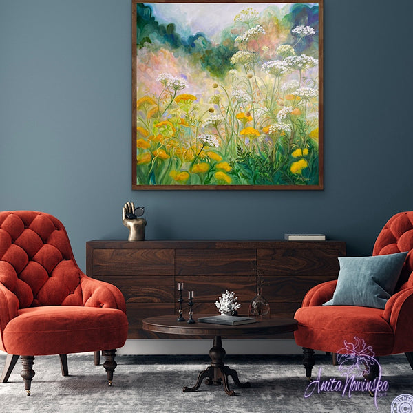 replenish- white, yellow, green garden meadow painting by anita nowinska