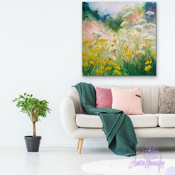 replenish- white, yellow, green garden meadow painting by anita nowinska