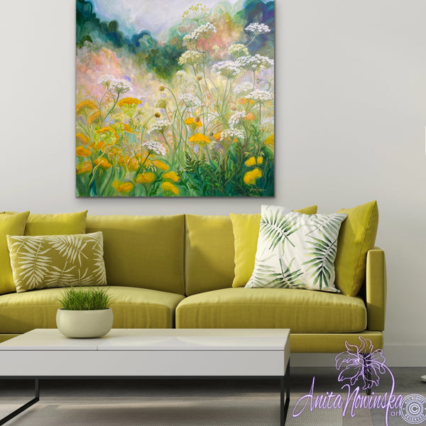 replenish- white, yellow, green garden meadow painting by anita nowinska