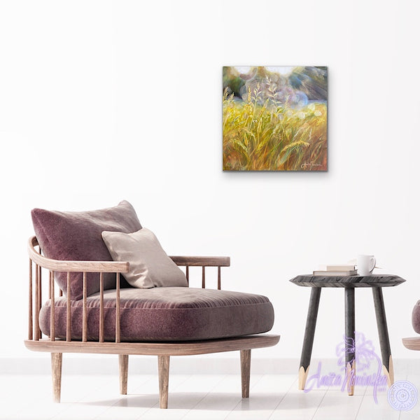 small acrylic canvas painting of golden grasses & seedheads in bright dappled sunlight by anita nowinska