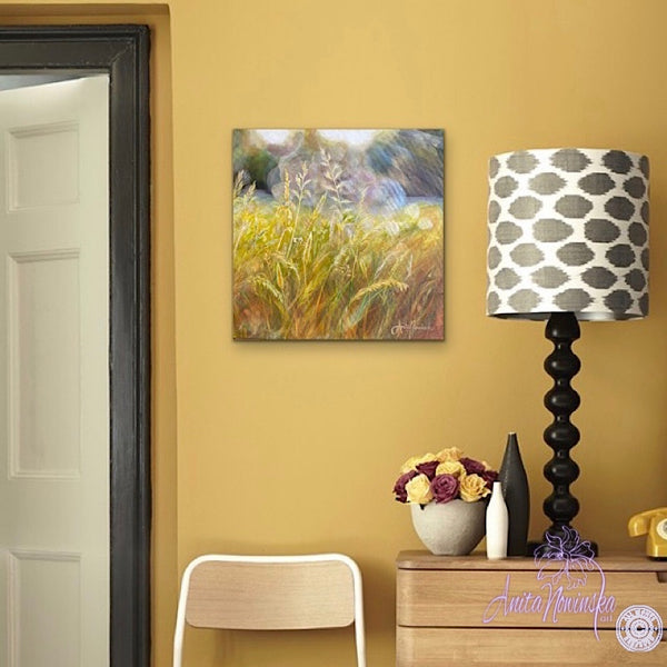 small acrylic canvas painting of golden grasses & seedheads in bright dappled sunlight by anita nowinska