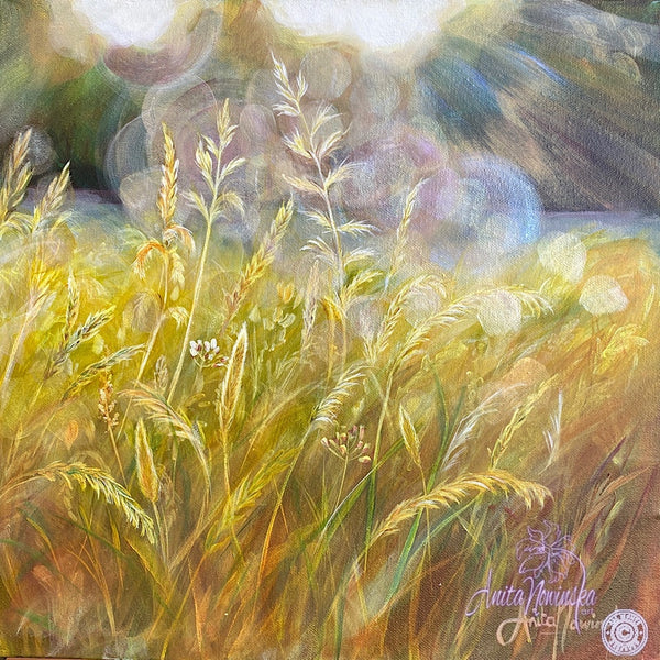 small acrylic canvas painting of golden grasses & seedheads in bright dappled sunlight by anita nowinska