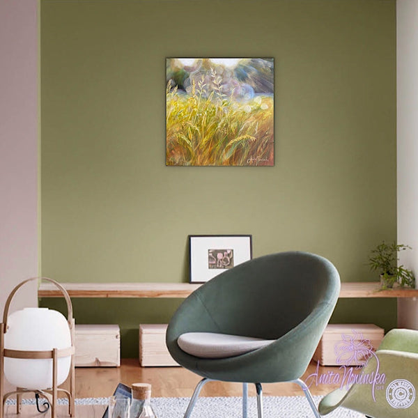 small acrylic canvas painting of golden grasses & seedheads in bright dappled sunlight by anita nowinska
