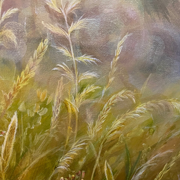 small acrylic canvas painting of golden grasses & seedheads in bright dappled sunlight by anita nowinska