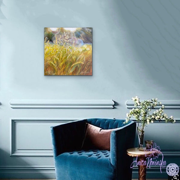 small acrylic canvas painting of golden grasses & seedheads in bright dappled sunlight by anita nowinska