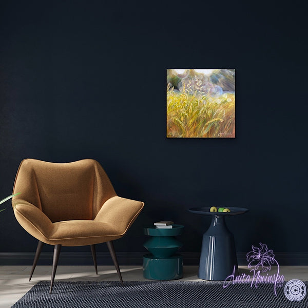 small acrylic canvas painting of golden grasses & seedheads in bright dappled sunlight by anita nowinska