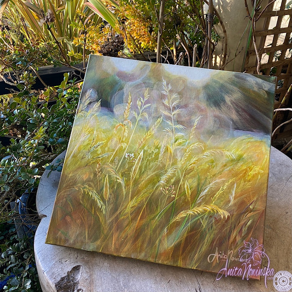 small acrylic canvas painting of golden grasses & seedheads in bright dappled sunlight by anita nowinska