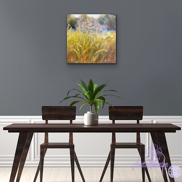 small acrylic canvas painting of golden grasses & seedheads in bright dappled sunlight by anita nowinska