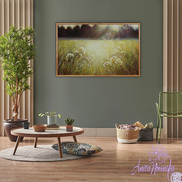 stillness- golden meadow landscape painting on canvas by Anita Nowinska warm natural tones of mustard, ochre, gold, lilac, amber