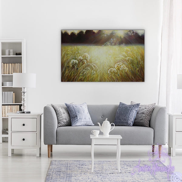 stillness- golden meadow landscape painting on canvas by Anita Nowinska warm natural tones of mustard, ochre, gold, lilac, amber