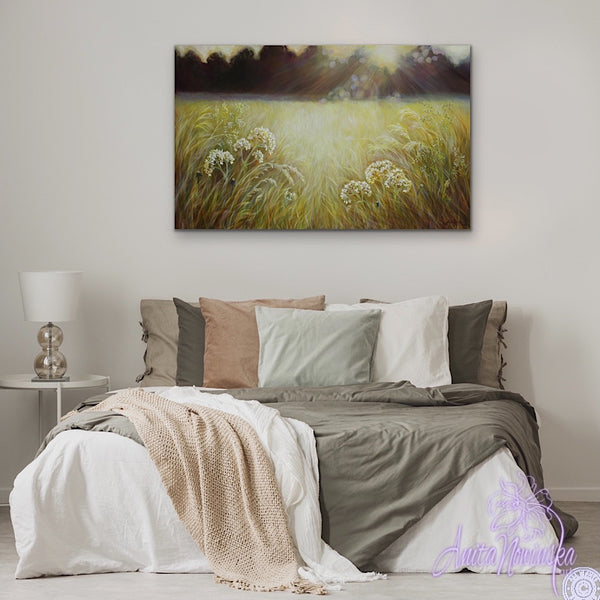 stillness- golden meadow landscape painting on canvas by Anita Nowinska warm natural tones of mustard, ochre, gold, lilac, amber