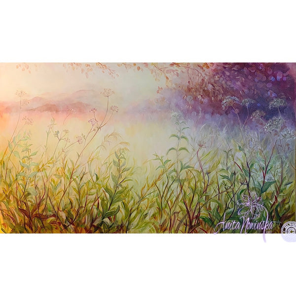 sunlit meadow painting on canvas by Anita Nowinska bokeh