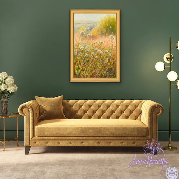 sunlit summer meadow painting acrylic on canvas anita nowinska peace gold yellow white