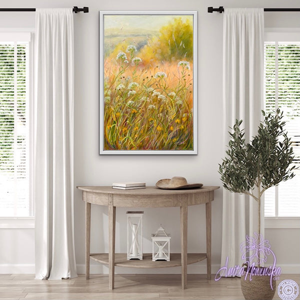 sunlit summer meadow painting acrylic on canvas anita nowinska peace gold yellow white