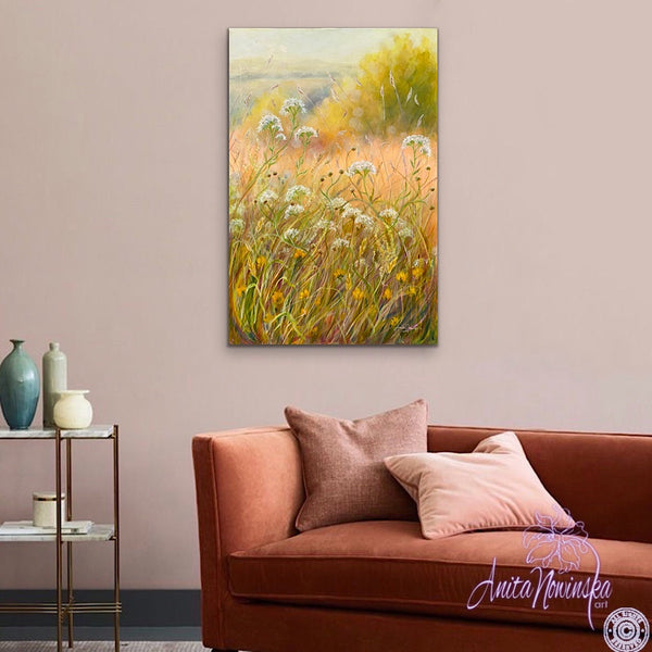sunlit summer meadow painting acrylic on canvas anita nowinska peace gold yellow white