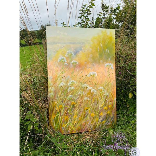 sunlit summer meadow painting acrylic on canvas anita nowinska peace gold yellow white