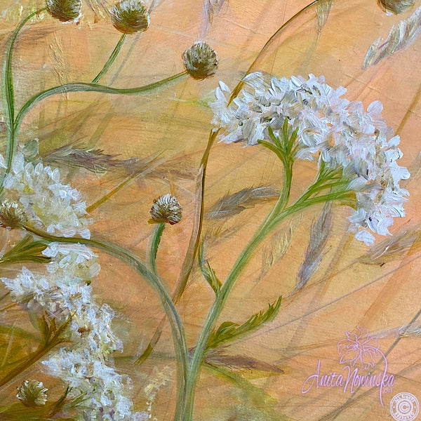 sunlit summer meadow painting acrylic on canvas anita nowinska peace gold yellow white