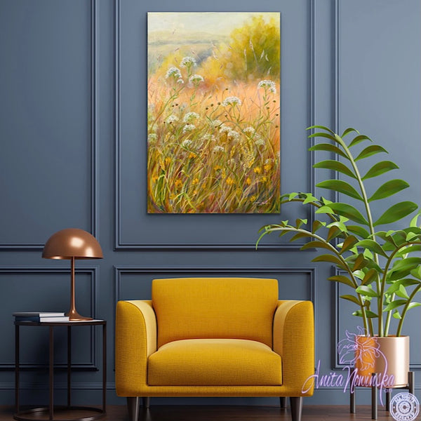 sunlit summer meadow painting acrylic on canvas anita nowinska peace gold yellow white